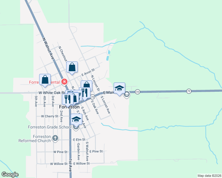 map of restaurants, bars, coffee shops, grocery stores, and more near 601 East Main Street in Forreston