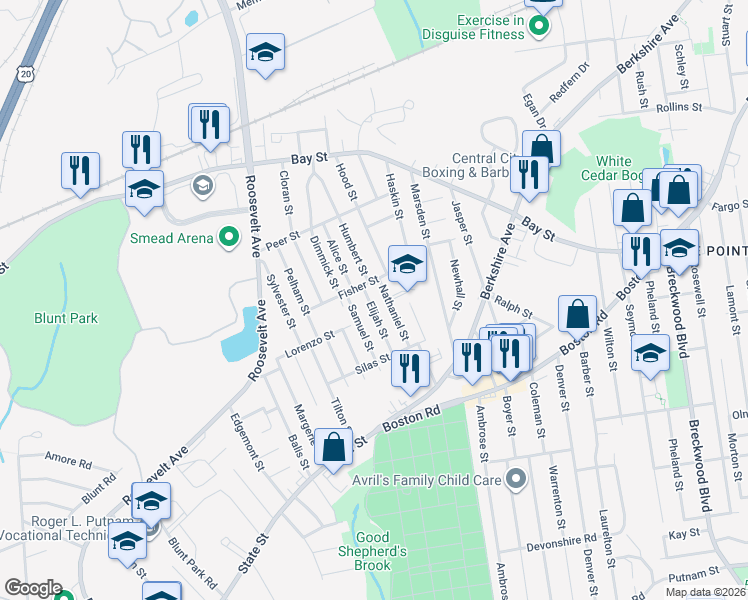 map of restaurants, bars, coffee shops, grocery stores, and more near 118 Samuel Street in Springfield