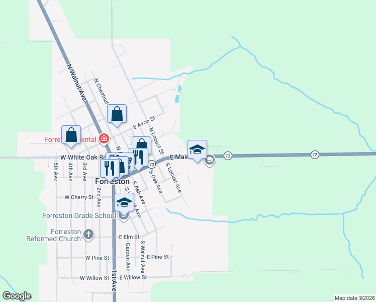 map of restaurants, bars, coffee shops, grocery stores, and more near 601 East Main Street in Forreston