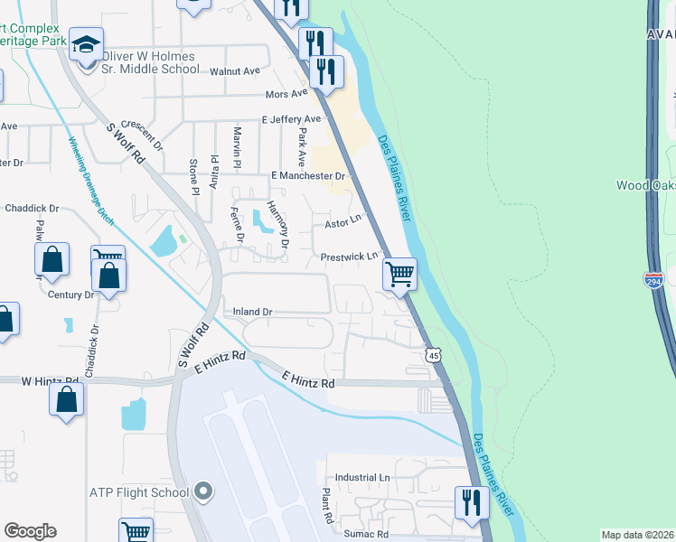map of restaurants, bars, coffee shops, grocery stores, and more near 667 Prestwick Lane in Wheeling