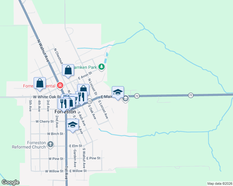 map of restaurants, bars, coffee shops, grocery stores, and more near 601 East Main Street in Forreston