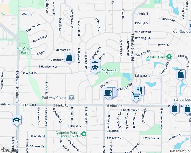 map of restaurants, bars, coffee shops, grocery stores, and more near 1209 East Burr Oak Drive in Arlington Heights