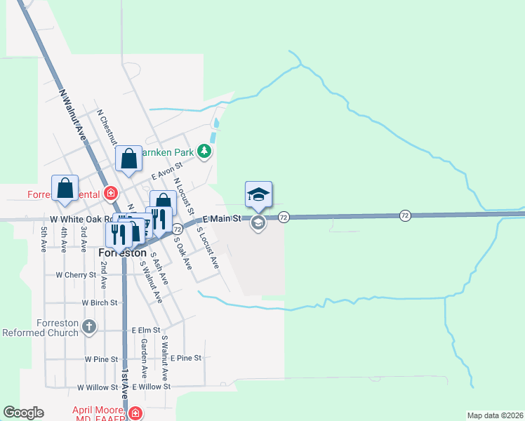 map of restaurants, bars, coffee shops, grocery stores, and more near 707 Hewitt Street in Forreston