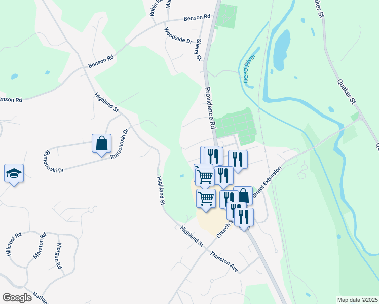 map of restaurants, bars, coffee shops, grocery stores, and more near 40 Wing Road in Northbridge