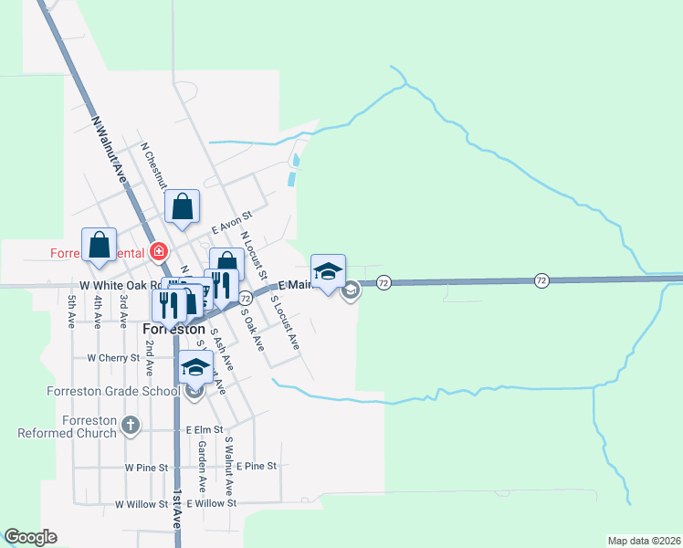 map of restaurants, bars, coffee shops, grocery stores, and more near 601 East Main Street in Forreston