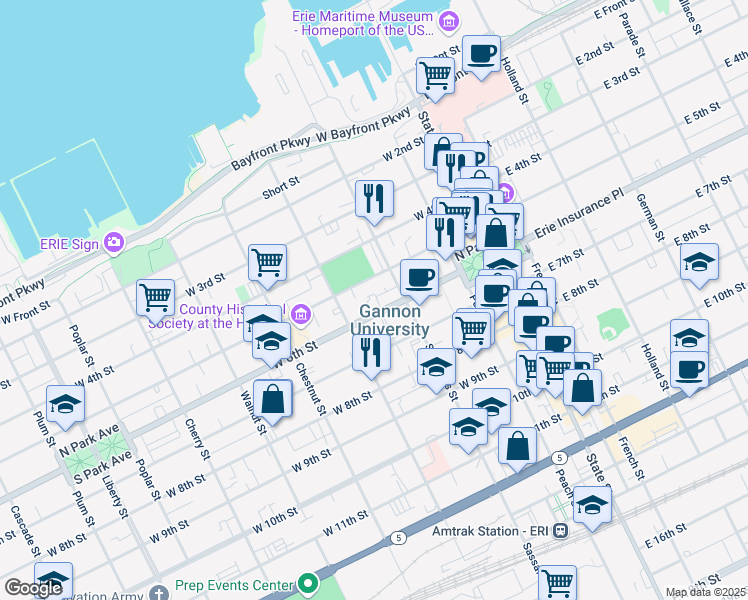 map of restaurants, bars, coffee shops, grocery stores, and more near 230 West 6th Street in Erie