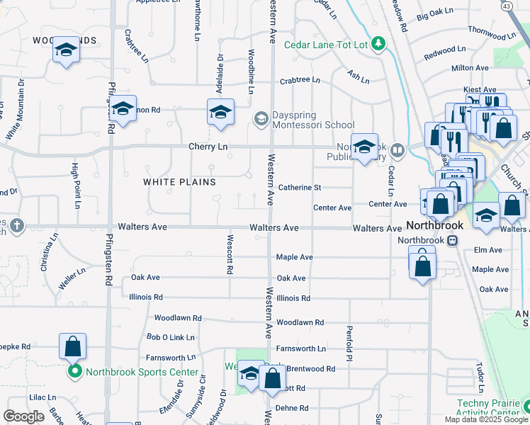 map of restaurants, bars, coffee shops, grocery stores, and more near 2409 Center Avenue in Northbrook