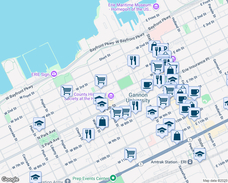 map of restaurants, bars, coffee shops, grocery stores, and more near 322 West 5th Street in Erie
