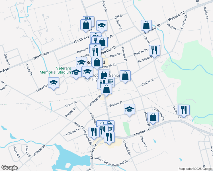 map of restaurants, bars, coffee shops, grocery stores, and more near 21 East Water Street in Rockland