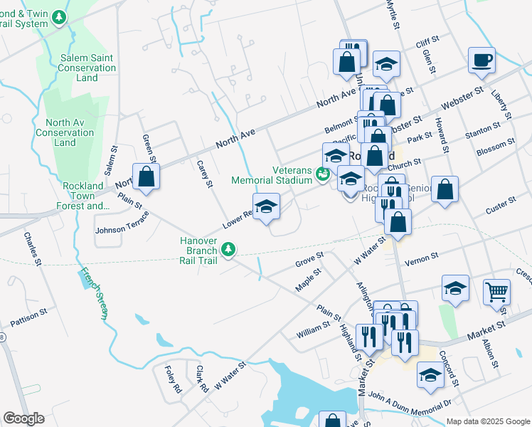 map of restaurants, bars, coffee shops, grocery stores, and more near 1 Lt Col Brian Duffy Way in Rockland