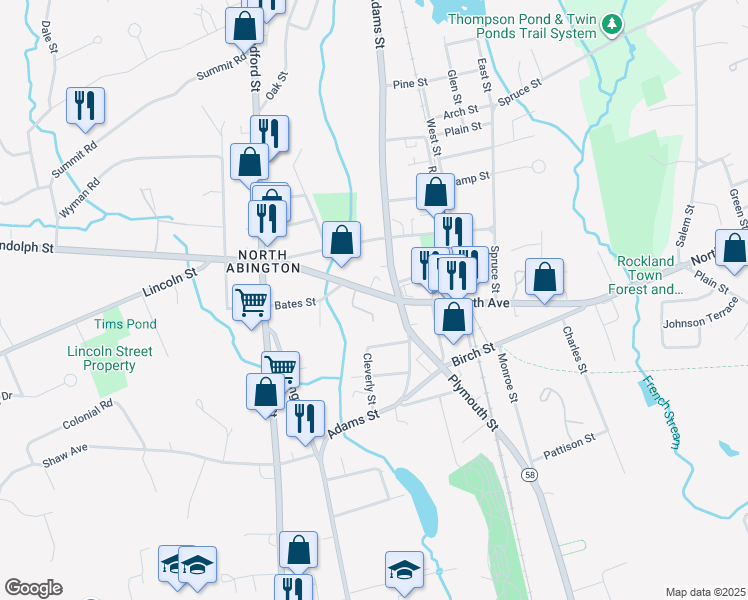 map of restaurants, bars, coffee shops, grocery stores, and more near 125 North Avenue in Abington
