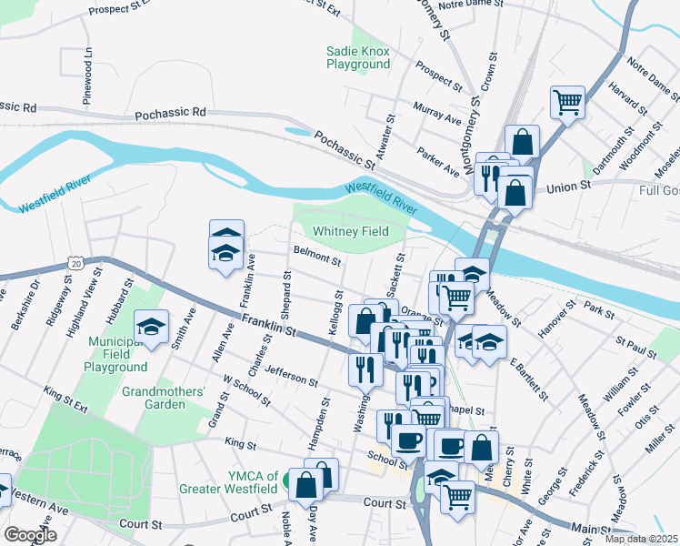 map of restaurants, bars, coffee shops, grocery stores, and more near 26 Kellogg Street in Westfield