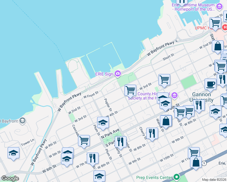 map of restaurants, bars, coffee shops, grocery stores, and more near 624 West 3rd Street in Erie
