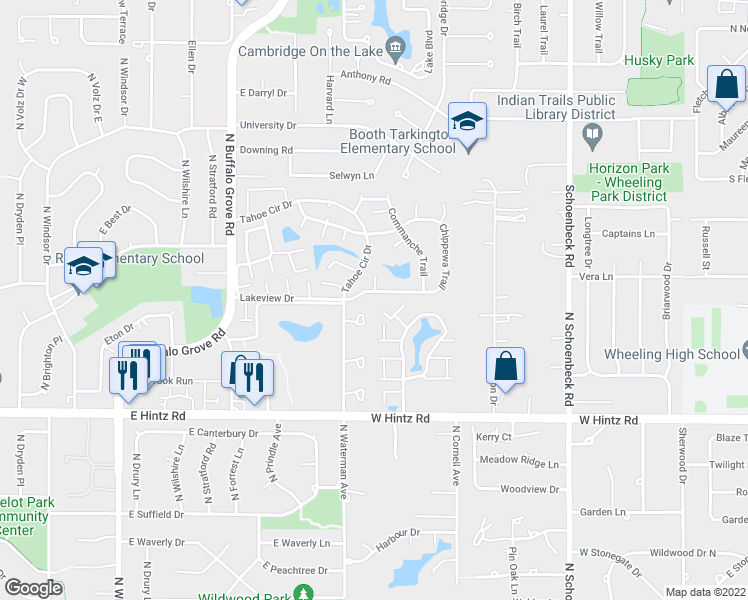 map of restaurants, bars, coffee shops, grocery stores, and more near 1546 Springview Court in Wheeling