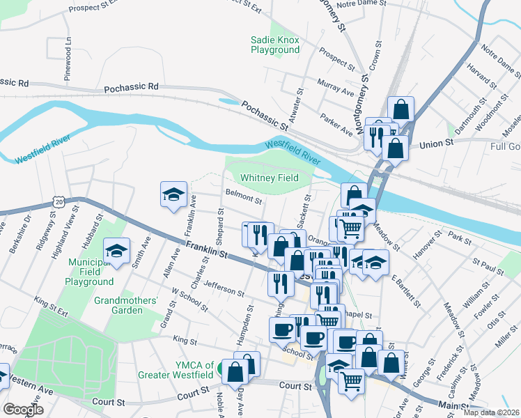 map of restaurants, bars, coffee shops, grocery stores, and more near 34 Kellogg Street in Westfield