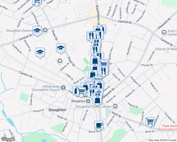 map of restaurants, bars, coffee shops, grocery stores, and more near 25 School Street in Stoughton