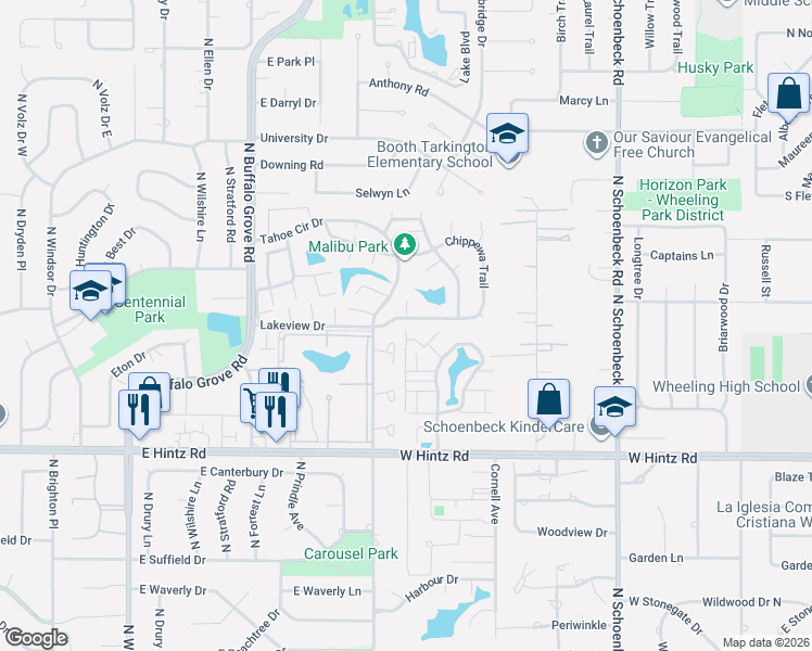 map of restaurants, bars, coffee shops, grocery stores, and more near 1546 Springview Court in Wheeling