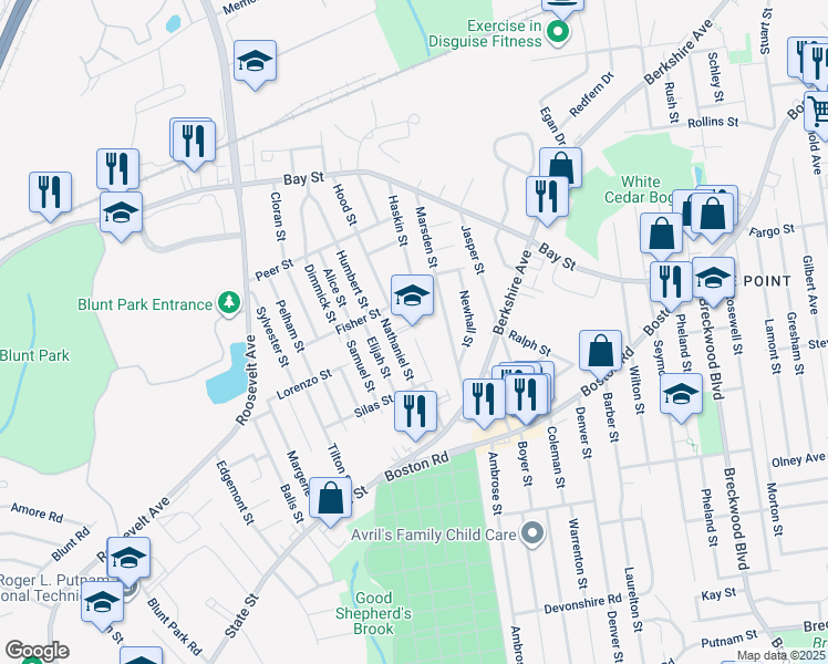map of restaurants, bars, coffee shops, grocery stores, and more near 20 Lydia Street in Springfield