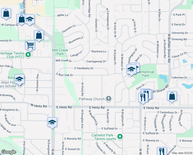 map of restaurants, bars, coffee shops, grocery stores, and more near 2816 North Elm Lane in Arlington Heights