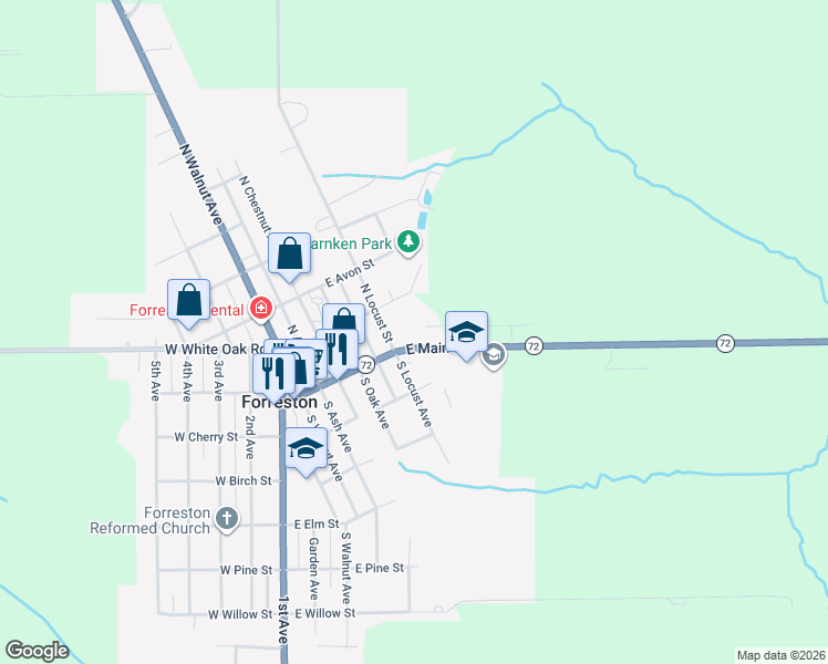 map of restaurants, bars, coffee shops, grocery stores, and more near 503-505 E Main St in Forreston