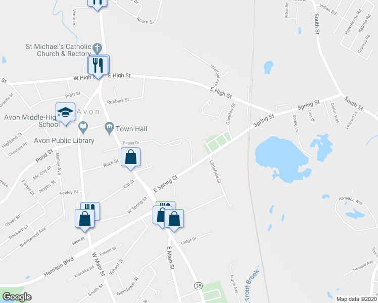 map of restaurants, bars, coffee shops, grocery stores, and more near 7 Hendricks Street in Avon