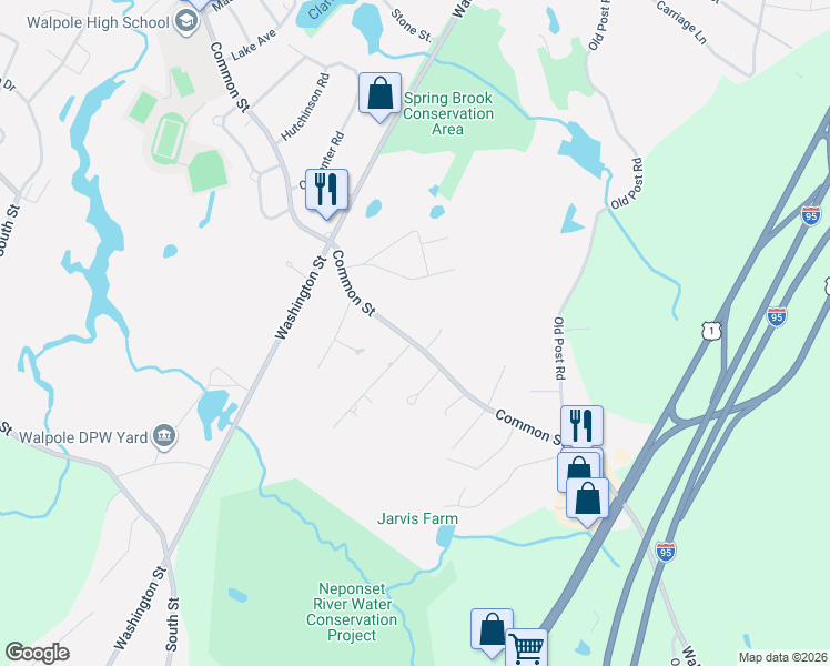 map of restaurants, bars, coffee shops, grocery stores, and more near 1 Eleanor Road in Walpole