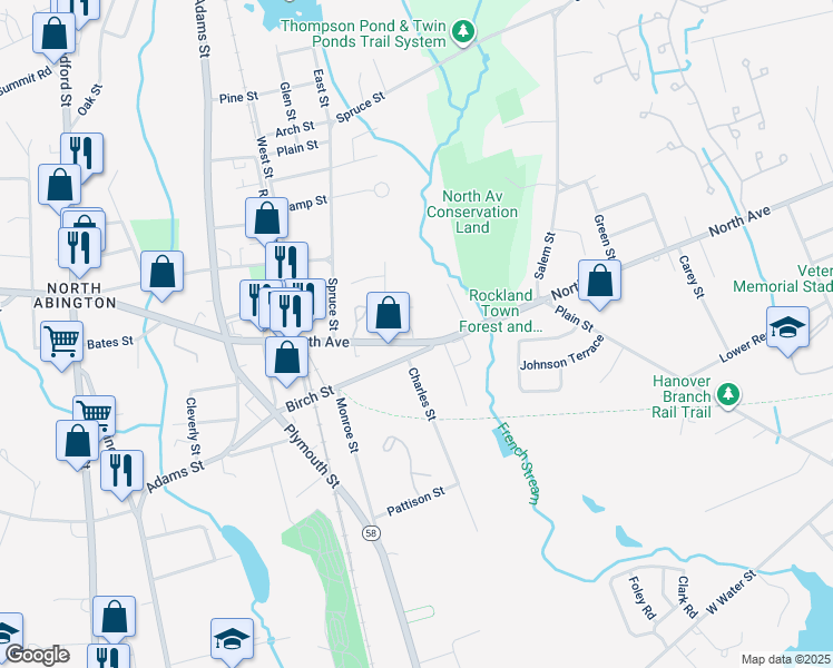 map of restaurants, bars, coffee shops, grocery stores, and more near 223 Birch Street in Abington