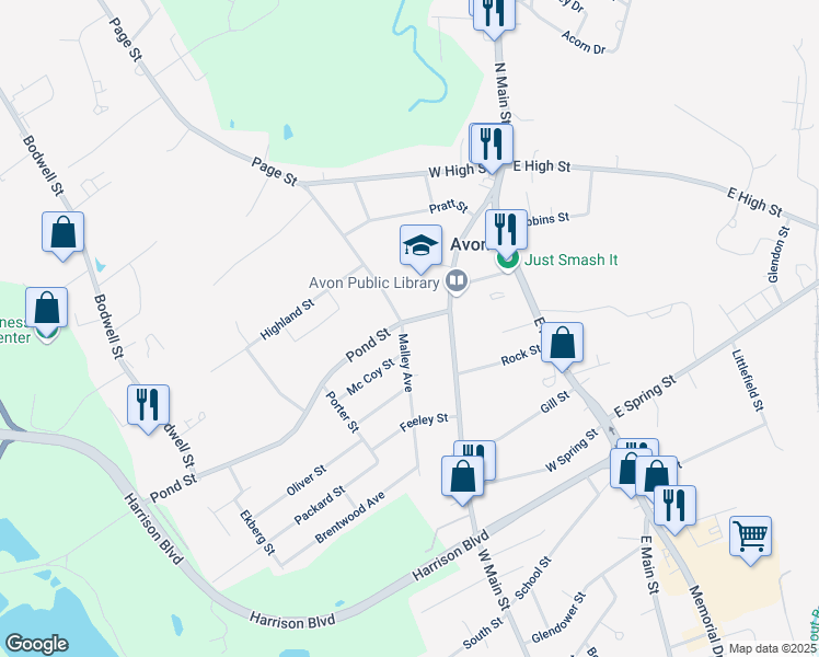 map of restaurants, bars, coffee shops, grocery stores, and more near 28 Malley Avenue in Avon