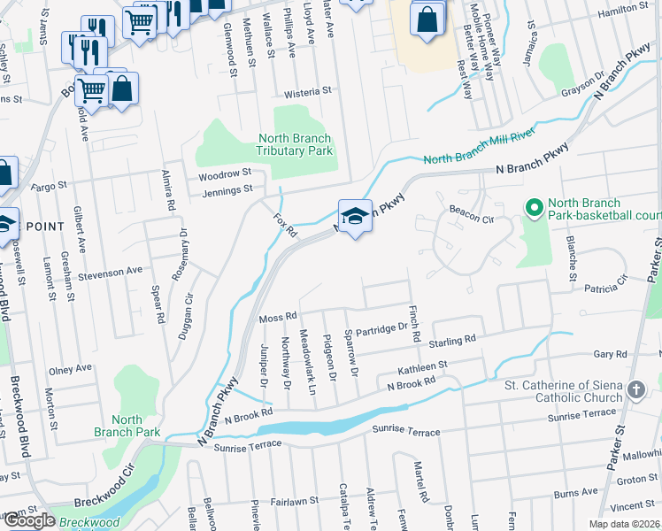 map of restaurants, bars, coffee shops, grocery stores, and more near 109 Moss Road in Springfield