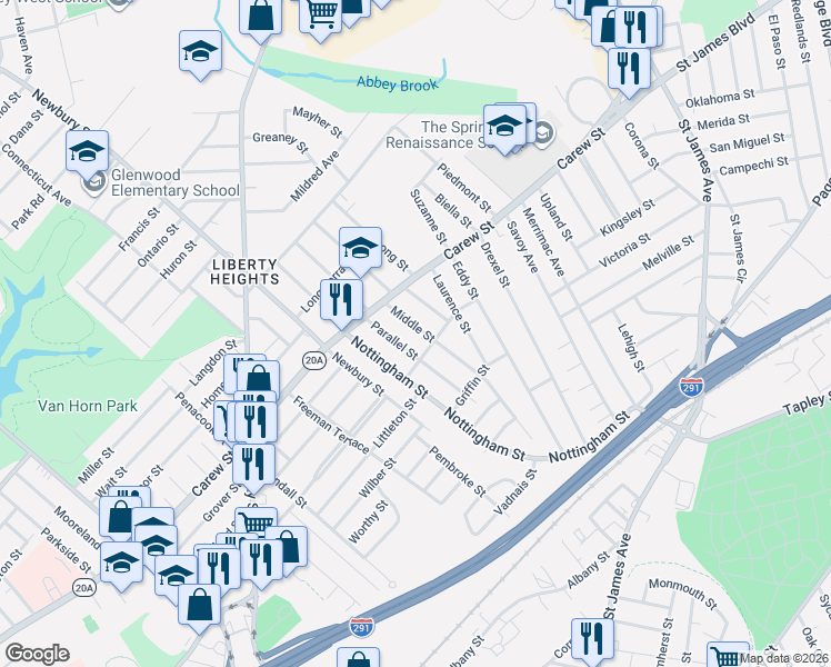map of restaurants, bars, coffee shops, grocery stores, and more near 89 Parallel Street in Springfield