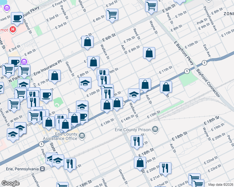 map of restaurants, bars, coffee shops, grocery stores, and more near 440 42 E 12 Street in Erie