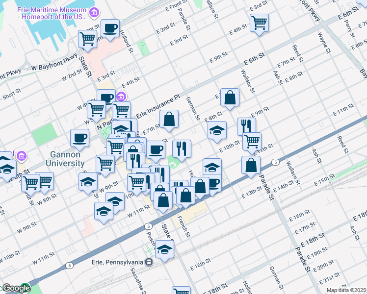 map of restaurants, bars, coffee shops, grocery stores, and more near 917 Holland Street in Erie