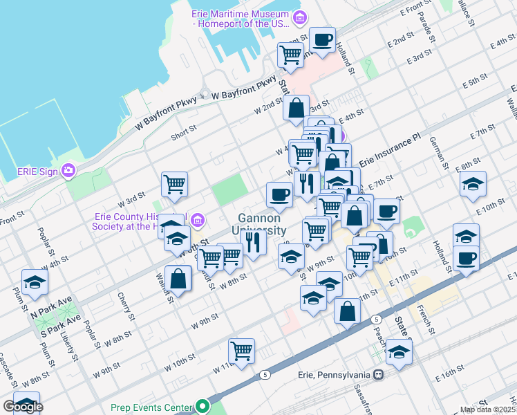 map of restaurants, bars, coffee shops, grocery stores, and more near 221 West 6th Street in Erie