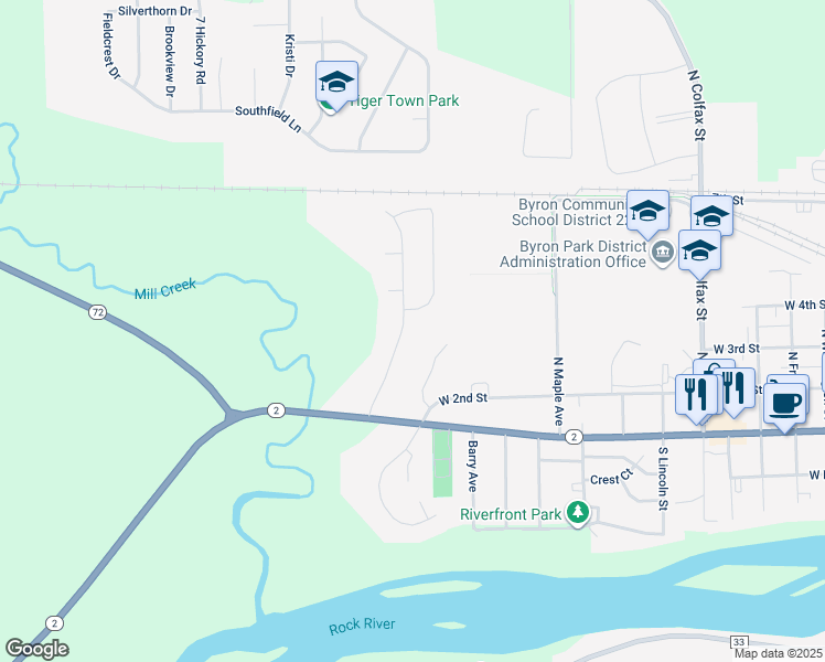 map of restaurants, bars, coffee shops, grocery stores, and more near 323 Creekside Drive in Byron