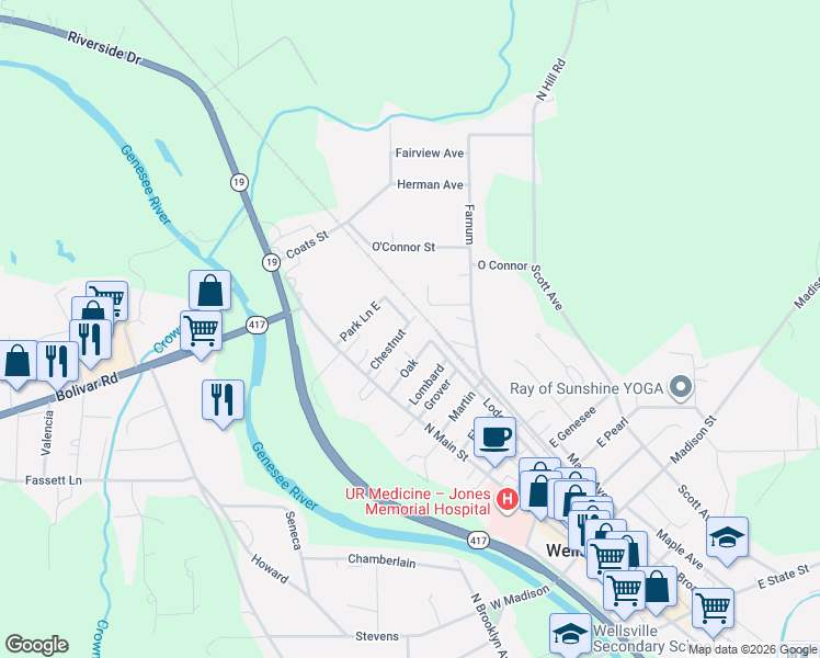 map of restaurants, bars, coffee shops, grocery stores, and more near 45 Oak in Wellsville