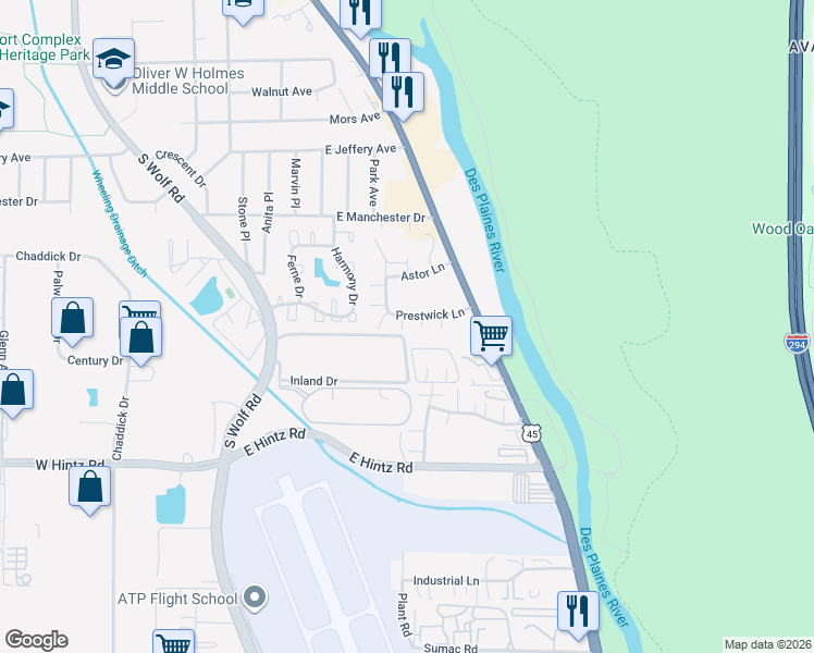 map of restaurants, bars, coffee shops, grocery stores, and more near 633 Prestwick Lane in Wheeling