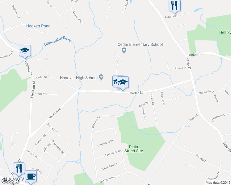 map of restaurants, bars, coffee shops, grocery stores, and more near 239 Cedar Street in Hanover