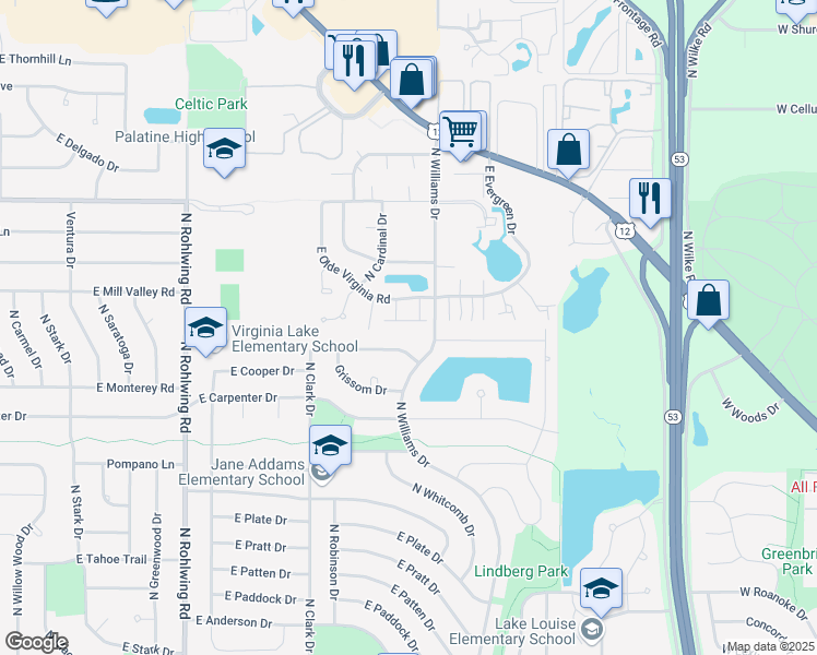 map of restaurants, bars, coffee shops, grocery stores, and more near 1135 East Cooper Drive in Palatine