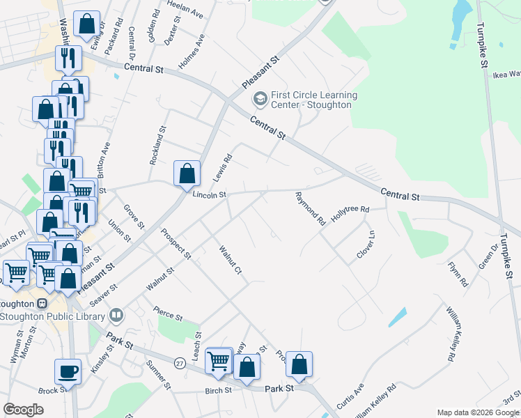 map of restaurants, bars, coffee shops, grocery stores, and more near 349 Lincoln Street in Stoughton