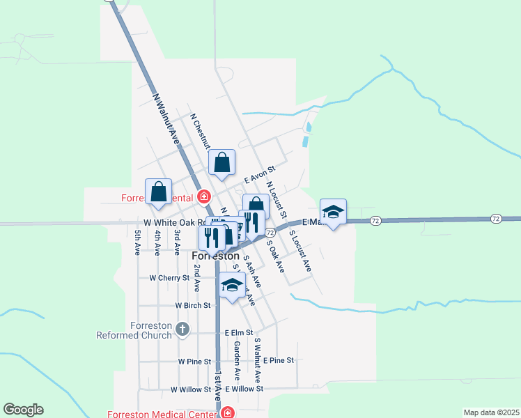 map of restaurants, bars, coffee shops, grocery stores, and more near 205 North Oak Avenue in Forreston