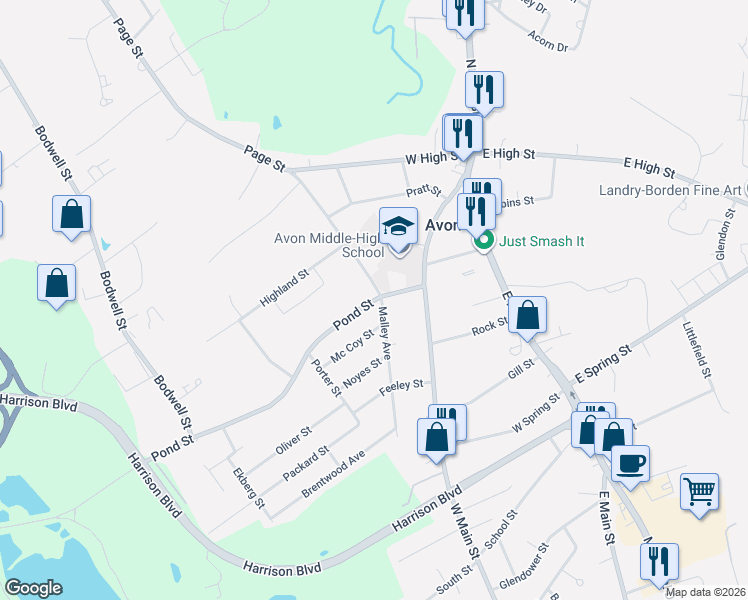 map of restaurants, bars, coffee shops, grocery stores, and more near 4 Page Street in Avon