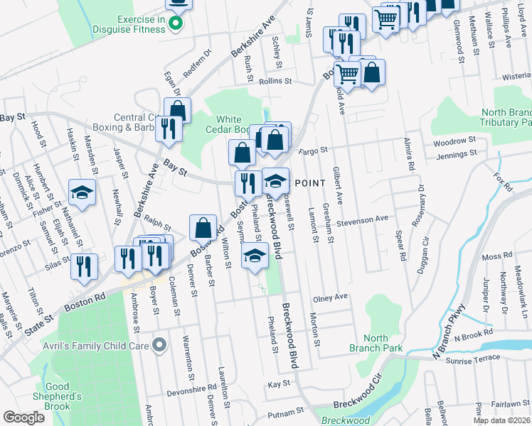 map of restaurants, bars, coffee shops, grocery stores, and more near 68 Breckwood Boulevard in Springfield