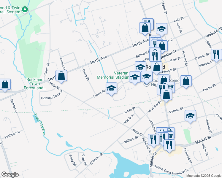 map of restaurants, bars, coffee shops, grocery stores, and more near 206 Lower Reed Street in Rockland