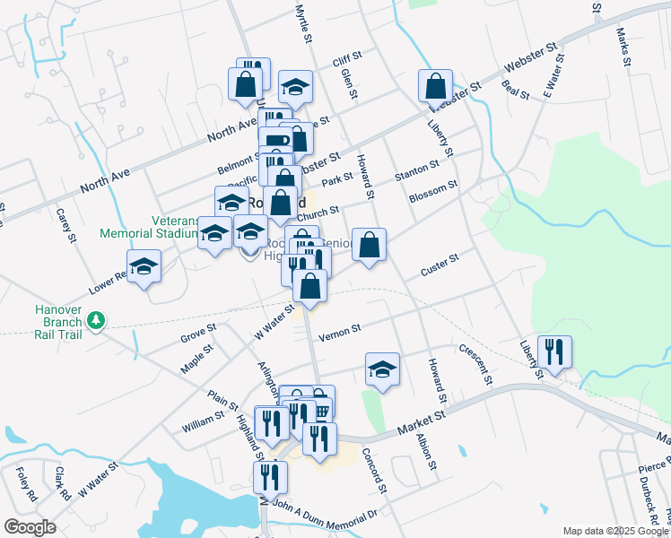 map of restaurants, bars, coffee shops, grocery stores, and more near 34 School Street in Rockland