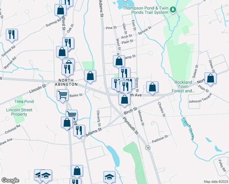 map of restaurants, bars, coffee shops, grocery stores, and more near 55 Harrison Avenue in Abington