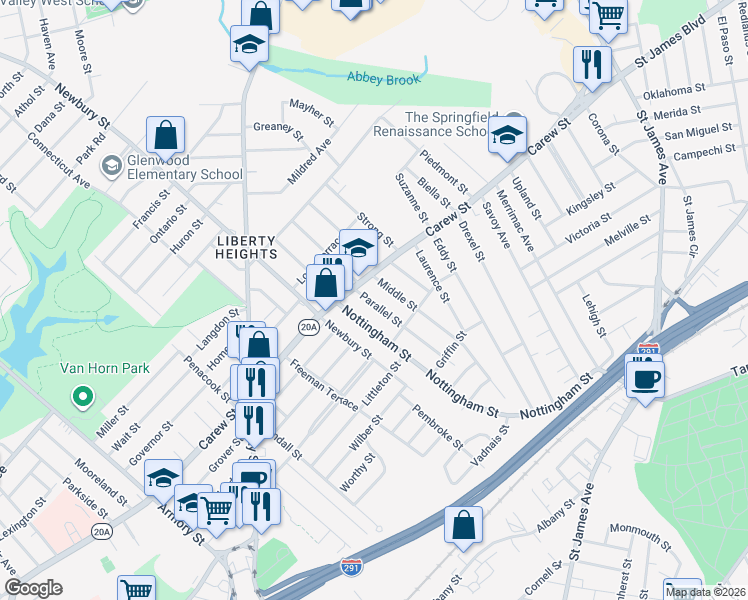 map of restaurants, bars, coffee shops, grocery stores, and more near 977 Carew Street in Springfield