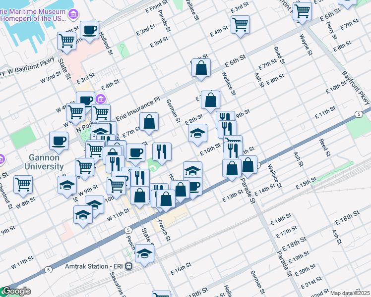 map of restaurants, bars, coffee shops, grocery stores, and more near 828 German Street in Erie