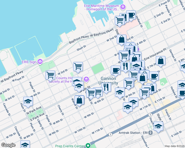 map of restaurants, bars, coffee shops, grocery stores, and more near 299 West 4th Street in Erie