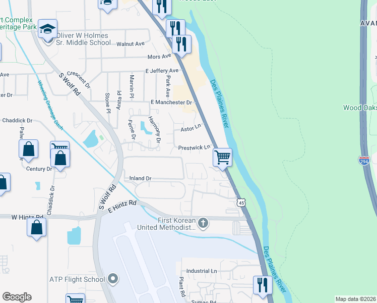 map of restaurants, bars, coffee shops, grocery stores, and more near 720 Astor Lane in Wheeling