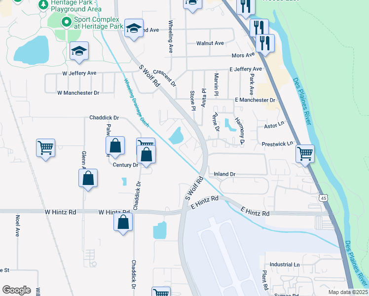 map of restaurants, bars, coffee shops, grocery stores, and more near 4471 Foxboro Drive in Wheeling